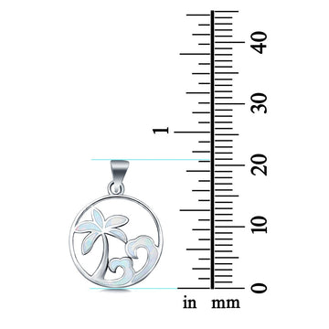 Waves and Palm Trees Lab Created White Opal Charm Pendant 925 Sterling Silver